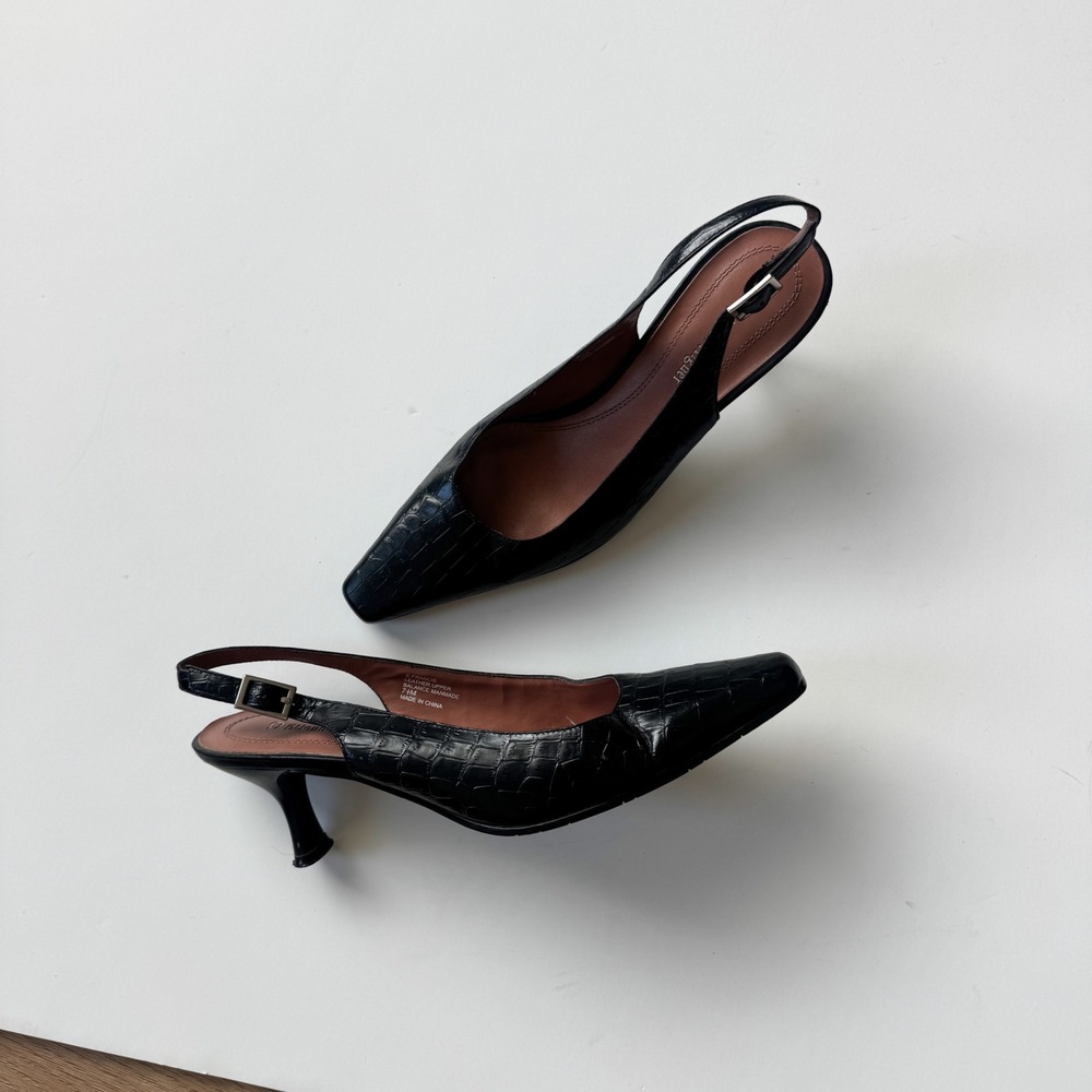 Y2K Black Leather Slingback Kitten Heels Pumps 7.5M Etienne Aigner Croc Embossed